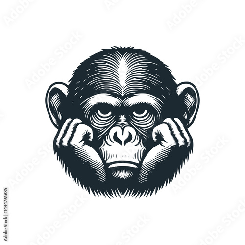 Pensive Chimpanzee: A Portrait of Contemplation – Black and White Icon Vector and Illustration