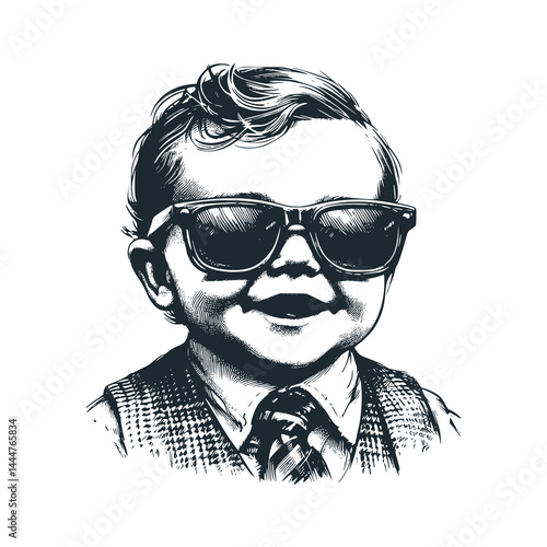 Joyful Baby Boy in Sunglasses, Vest, and Tie – Black and White Icon Vector and Illustration