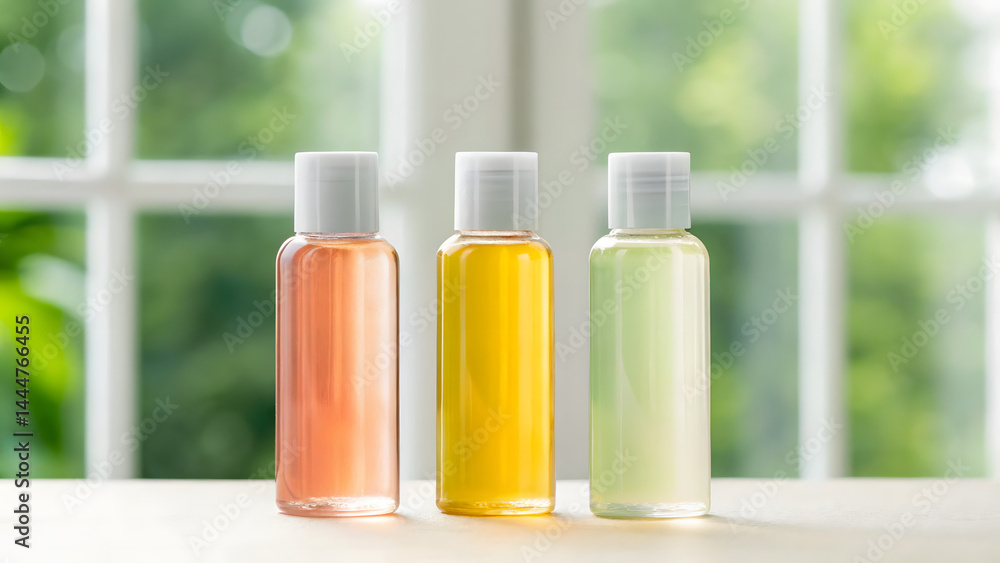 Mockup of Three Travel Size Shampoo Bottles with Colored Liquid on Bright Window Background for Branding