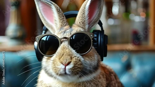 Funny bunny in headphones and sunglasses