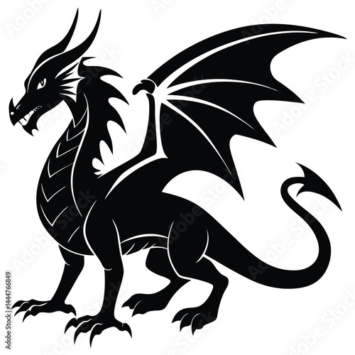 dragon black silhouette vector, Simple silhouette Design vector icon with white background, Traditional Chinese dragon silhouette vector illustration, Chinese dragon silhouette on white background.