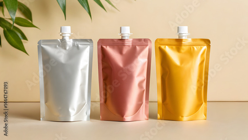 Mockup of Aluminum Liquid Pouches for Juice, Smoothie, or Sauce with Colorful Packs and Plastic Caps