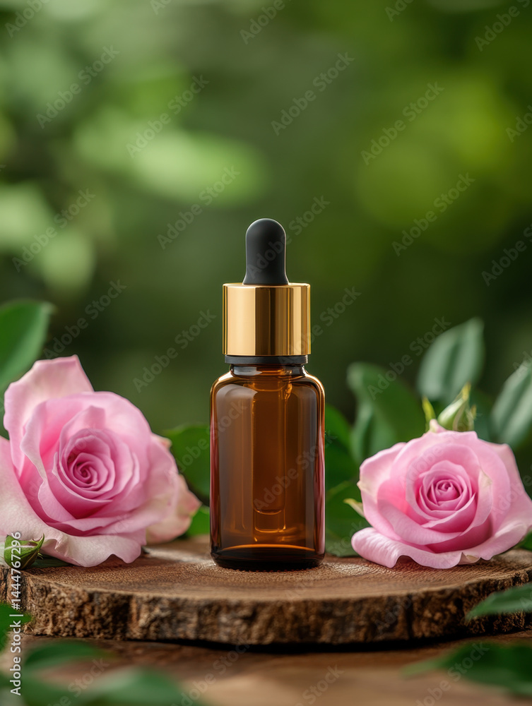 Amber glass dropper bottle with gold cap displayed on wooden surface, surrounded by pink roses and green foliage, natural outdoor setting, evoking freshness and elegance Amber glass dropper bottle with gold cap displayed on wooden surface, surrounded by pink roses and green foliage, natural outdoor setting, evoking freshness and elegance