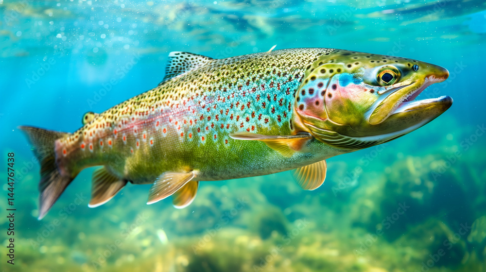 Trout swimming in a clear river, a peaceful moment in nature's aquatic harmony Trout swimming in a clear river, a peaceful moment in nature's aquatic harmony