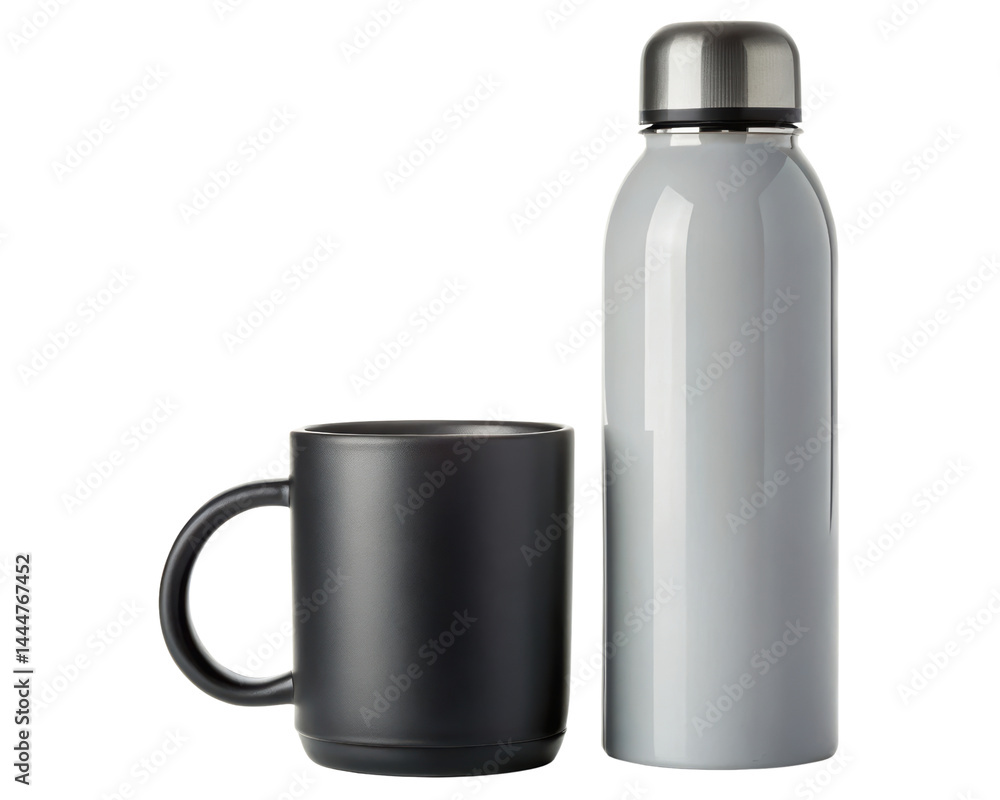 Travel bottle and mug set for hot or cold beverage on a transparent background Travel bottle and mug set for hot or cold beverage on a transparent background