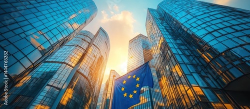 EU flag, city skyline, sunset, finance