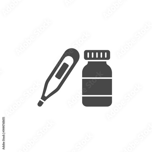 Healthcare Essentials: A digital thermometer and medicine bottle stand in clean and simple arrangement, capturing the core tools of basic healthcare and wellness.
