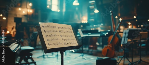 Orchestral Music rehearsal hall with sheet music stand