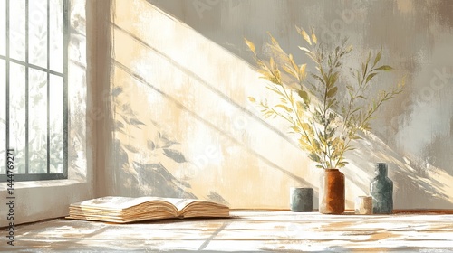 A Tranquil Arrangement of Colorful Flowers in a Vase Next to an Open Book on a Wooden Table Surface