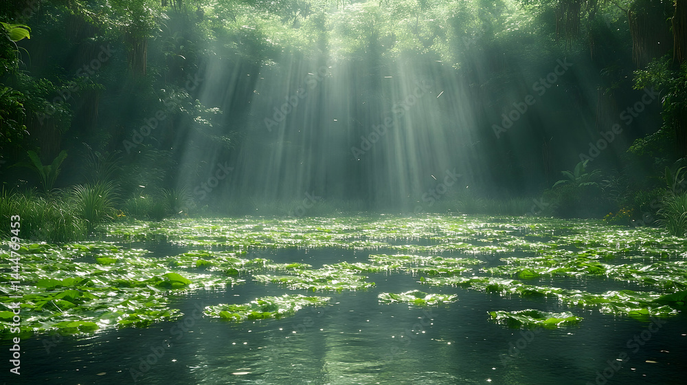 Sunlight streams through forest waterscape Sunlight streams through forest waterscape