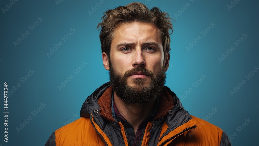 Caucasian man with beard wearing a jacket over isolated background thinking an idea while looking up Caucasian man with beard wearing a jacket over isolated background thinking an idea while looking up