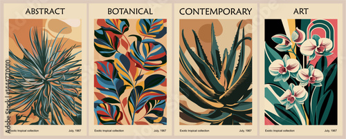Set of retro-inspired abstract botanical posters with tropical leaves in vibrant mid-century modern color palette. Contemporary wall art, cover wallpaper vector template. 