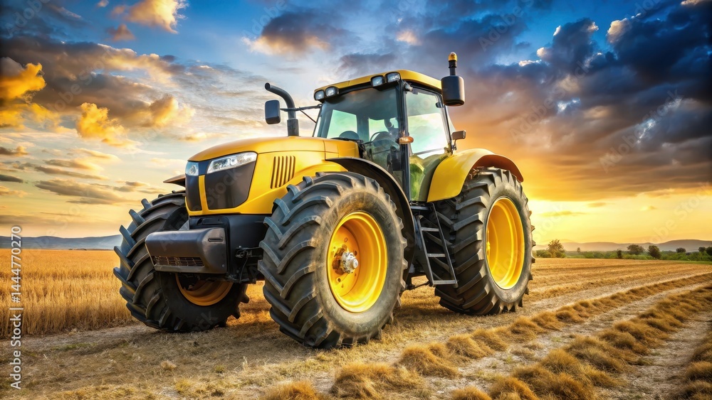 Large, bright yellow agricultural tractor with long front axle and tires on a farm field background , big tractor, yellow tractor Large, bright yellow agricultural tractor with long front axle and tires on a farm field background , big tractor, yellow tractor