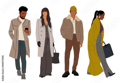 Set of stylish young men and women wearing autumn street fashion outfit. Different business people in smart casual warm clothes. Vector realistic illustrations isolated on transparent background.