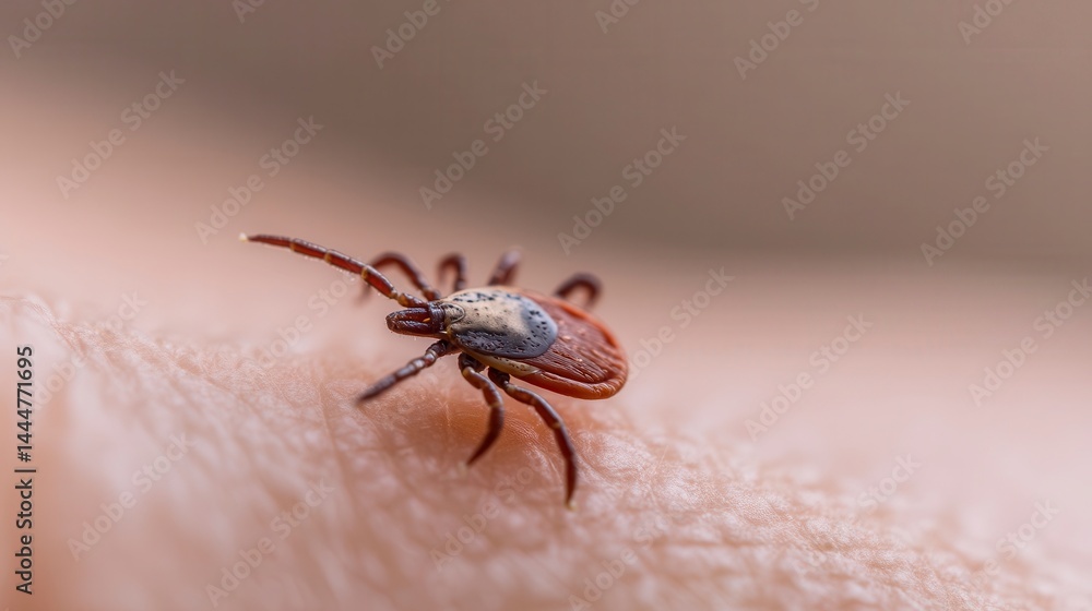 Close-up view of parasitic tick attached to human skin with visible blood droplets, concept of danger from insect bites and disease transmission risks. Close-up view of parasitic tick attached to human skin with visible blood droplets, concept of danger from insect bites and disease transmission risks.