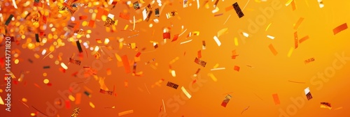 Colorful confetti and streamers floating in the air on an orange background. The concept of a holiday, party, or special event.