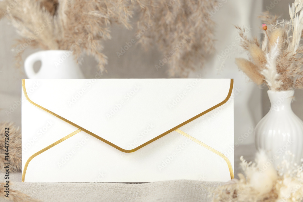 Envelope near dry beige pampas grass on linen closeup, mockup. Bohemian wedding stationery