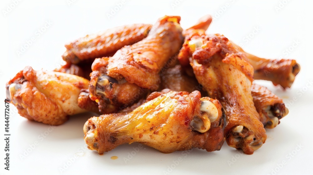 A close-up view of a pile of crispy, seasoned chicken wings. A close-up view of a pile of crispy, seasoned chicken wings.