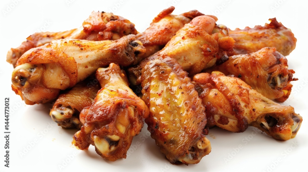 Crispy, seasoned chicken wings piled high on a white background. Crispy, seasoned chicken wings piled high on a white background.