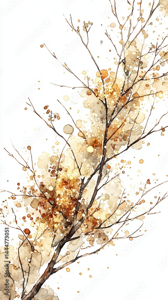 Fototapeta premium A delicate bare tree branch in warm autumn hues with golden watercolor splashes. Perfect for seasonal designs, eco visuals, or poetic illustrations reflecting nature and simplicity.