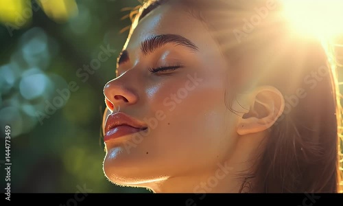 Woman enjoying sunlight with eyes closed outdoors