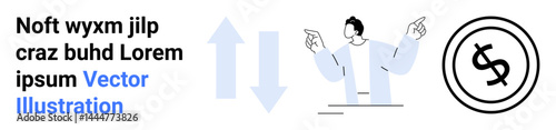 Businessperson pointing between arrows alongside a dollar coin. Ideal for financial strategy, investment, decision-making, profit-loss analysis, economic concepts, business insights, abstract line