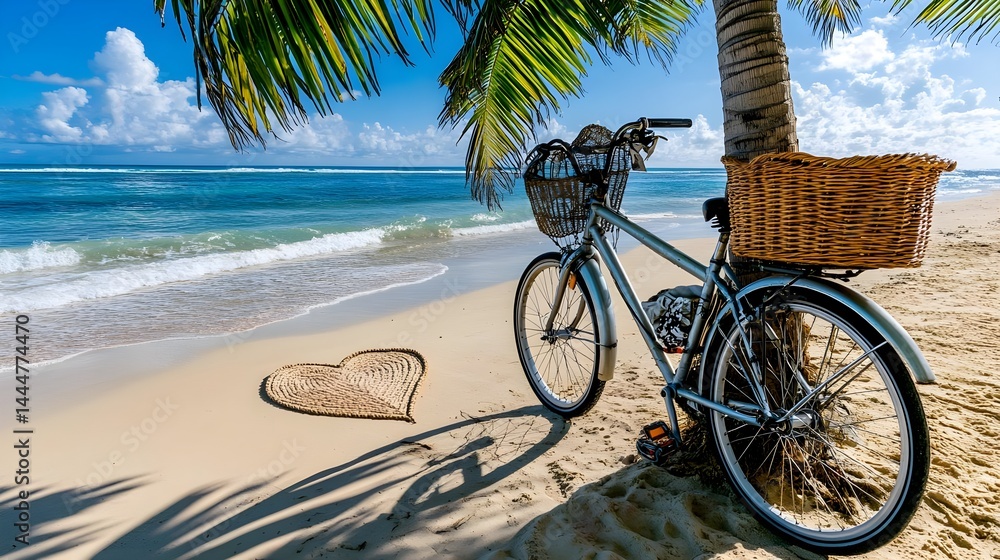 Fototapeta premium Beach Bicycle, Heart Sand, Summer Romance - Summer travel