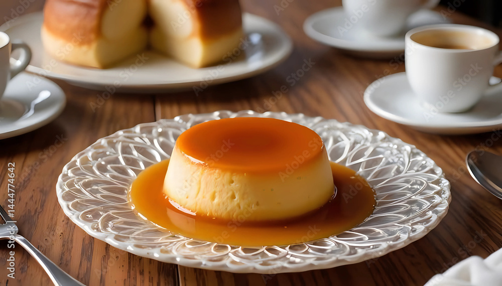 Potrait of classic caramel flan dessert served on vintage glass plate with coffee, on wooden table, delicious dessert, food photography Potrait of classic caramel flan dessert served on vintage glass plate with coffee, on wooden table, delicious dessert, food photography