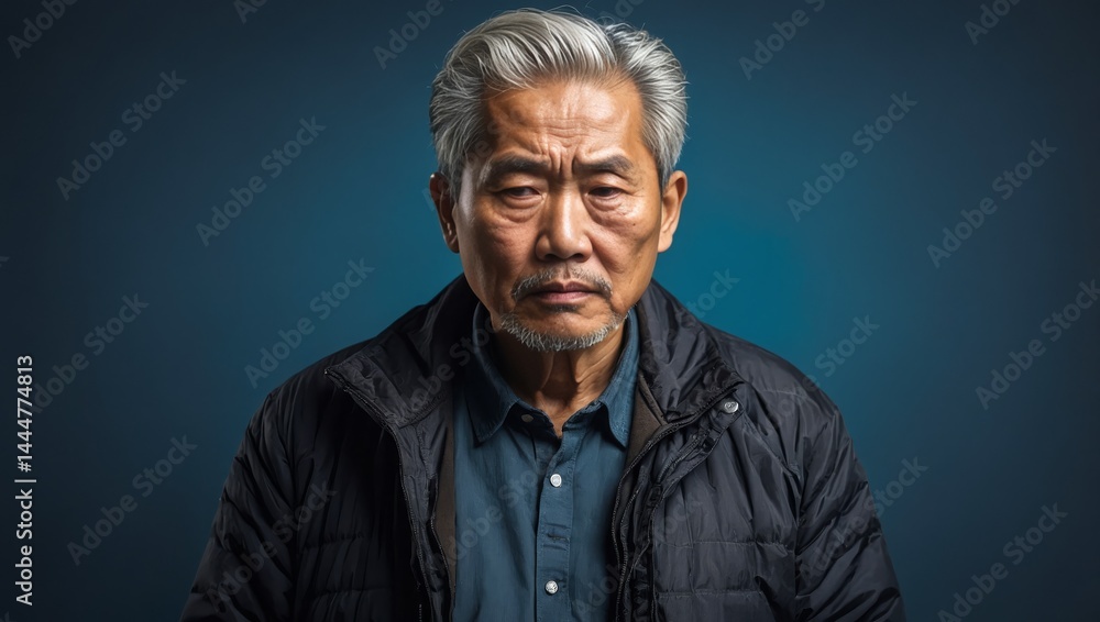 Depressed Asian mature old man standing using smartphone serious thinking on isolated background Depressed Asian mature old man standing using smartphone serious thinking on isolated background