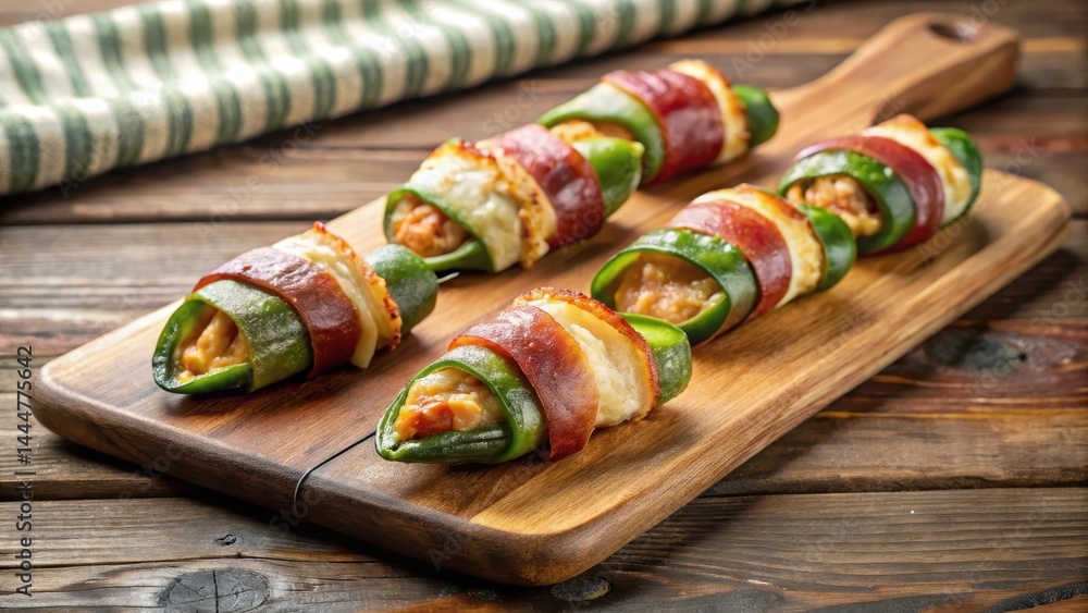 Bacon wrapped jalapeno popper on wooden cutting board , crispy , snack, crispy , snack, finger food, savory, popper, bacon Bacon wrapped jalapeno popper on wooden cutting board , crispy , snack, crispy , snack, finger food, savory, popper, bacon