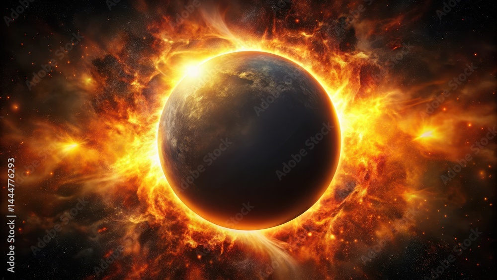 Obraz premium Fiery solar eclipse on a darkened sky with flames and sparks, nature, flames, nature, flames