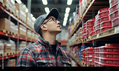 Warehouse worker checking inventory on shelves