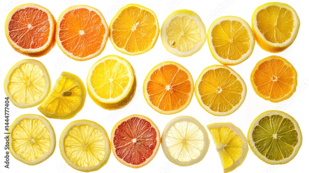 Obraz premium Colorful citrus slices arranged on a white background