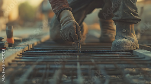 Construction Worker Handling Rebar on Site