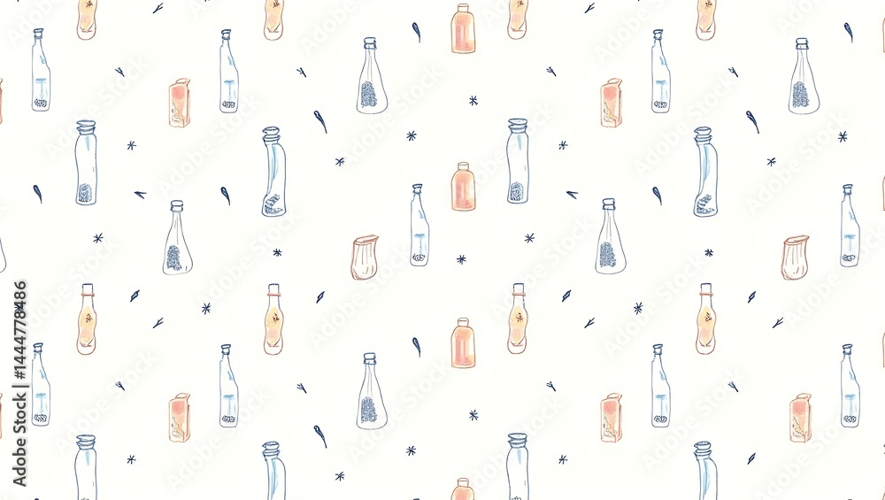 Seamless Pattern with Hand-Drawn Glass Bottles and Jars Seamless Pattern with Hand-Drawn Glass Bottles and Jars