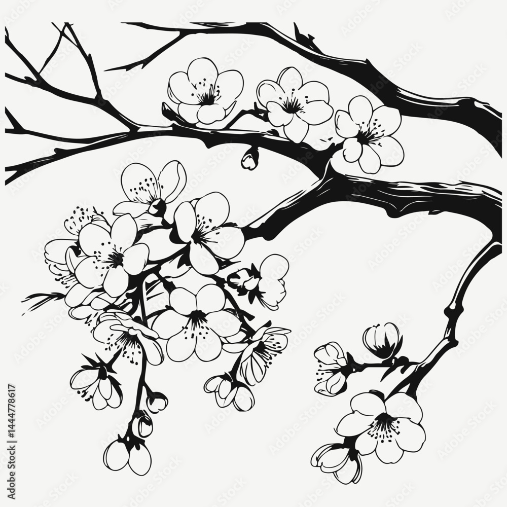 Fototapeta premium sakura flowers branch sketch illustration