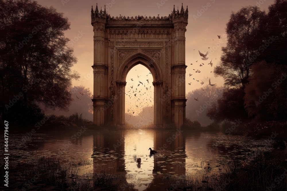 Fototapeta premium Majestic archway structure over a tranquil pond at dawn.