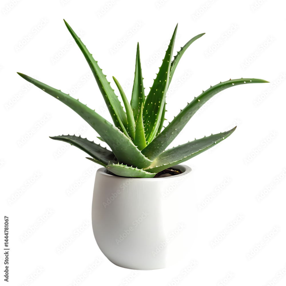 Fototapeta premium Aloe Vera Plant in White Pot Benefits Care and Growing Guide isolated on transparent background
