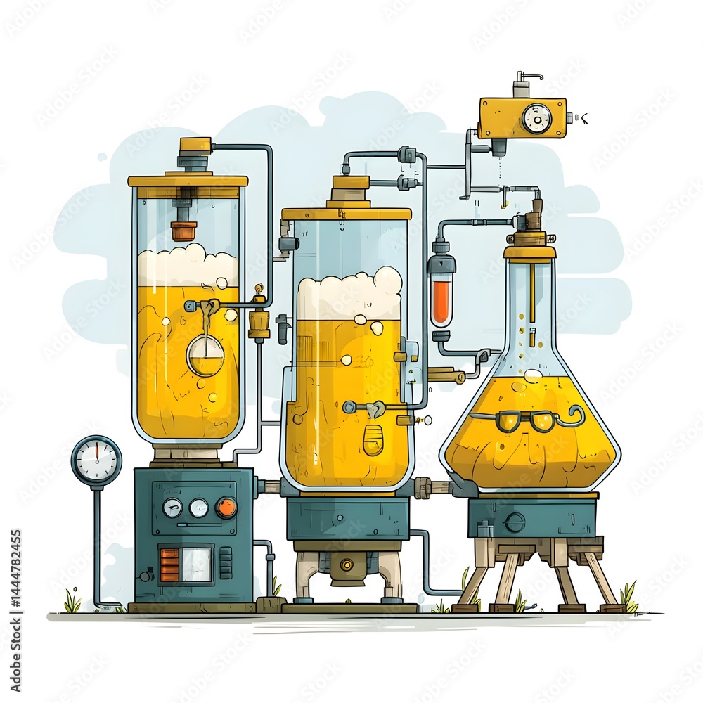 Fototapeta premium A whical illustration depicts a cartoon beer brewing apparatus with multiple glass tanks and pipes producing foamy golden beer.