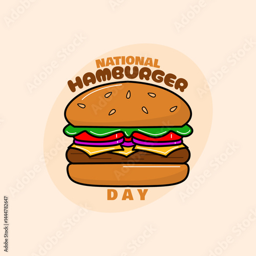 National Hamburger Day is celebrated on May 28th. A delicious hamburger with bold text on a beige background. Food event banner.