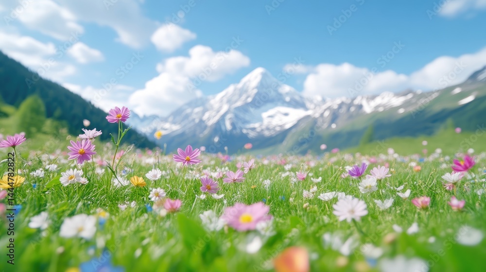 Colorful wildflowers bloom in a lush meadow, with a majestic mountain range in the background Colorful wildflowers bloom in a lush meadow, with a majestic mountain range in the background