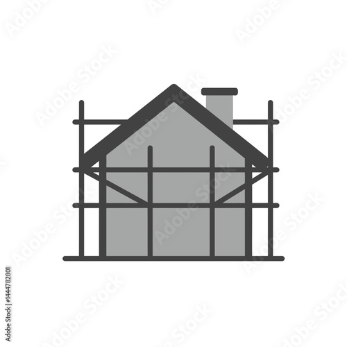 Home Construction Process: A simplified illustration showcases a house under construction, enveloped by scaffolding, symbolizing the stages of building a home or renovating a property.
