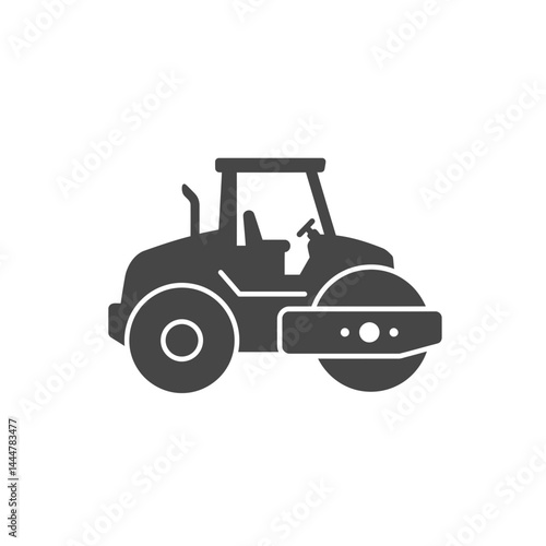 Road Roller Glyph: An industrial steamroller with a roller flattens asphalt road depicted as a vector graphic.