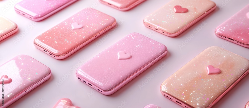 Pink power bank cases, ombre gradient, hearts, flat lay Pink power bank cases, ombre gradient, hearts, flat lay