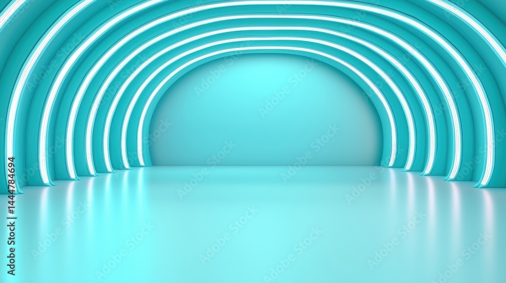 Naklejka premium A futuristic, empty room with glowing turquoise arches and a smooth reflective floor.