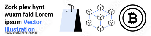 Blockchain nodes network, Bitcoin currency coin, and shopping bag. Ideal for e-commerce, cryptocurrency, fintech, blockchain systems, digital payments, online shopping simple landing page