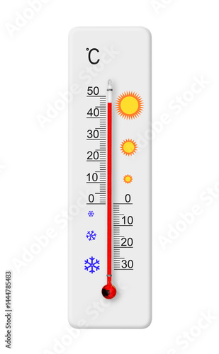 Celsius scale thermometer isolated on transparent background. Ambient temperature plus 47 degrees