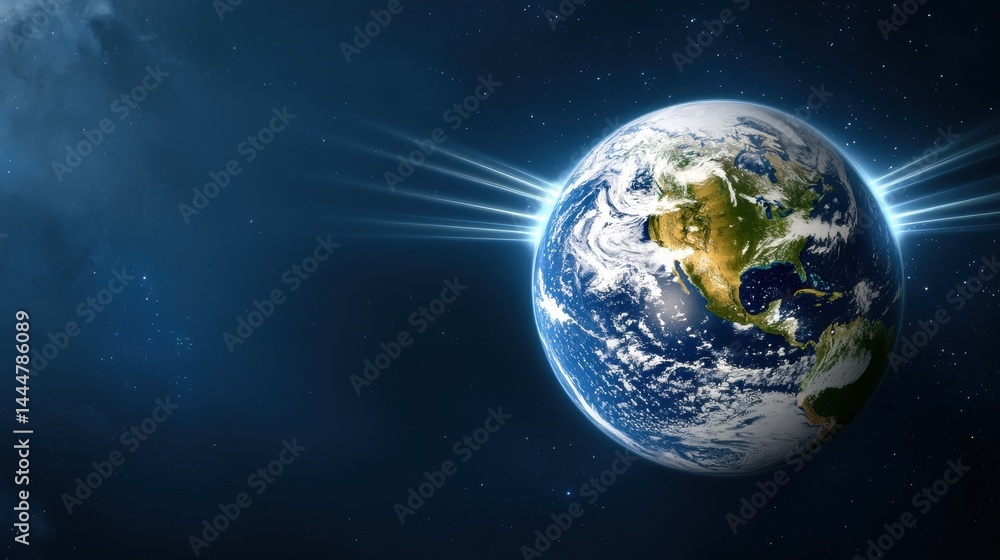Obraz premium The planet Earth illuminated in space, with rays of light shining from behind against a dark, starry background.