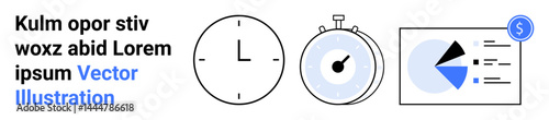 Clock for time tracking, stopwatch for efficiency, pie chart analytics with data insights. Ideal for productivity, planning, project management, workflow, resource allocation, finance simple landing