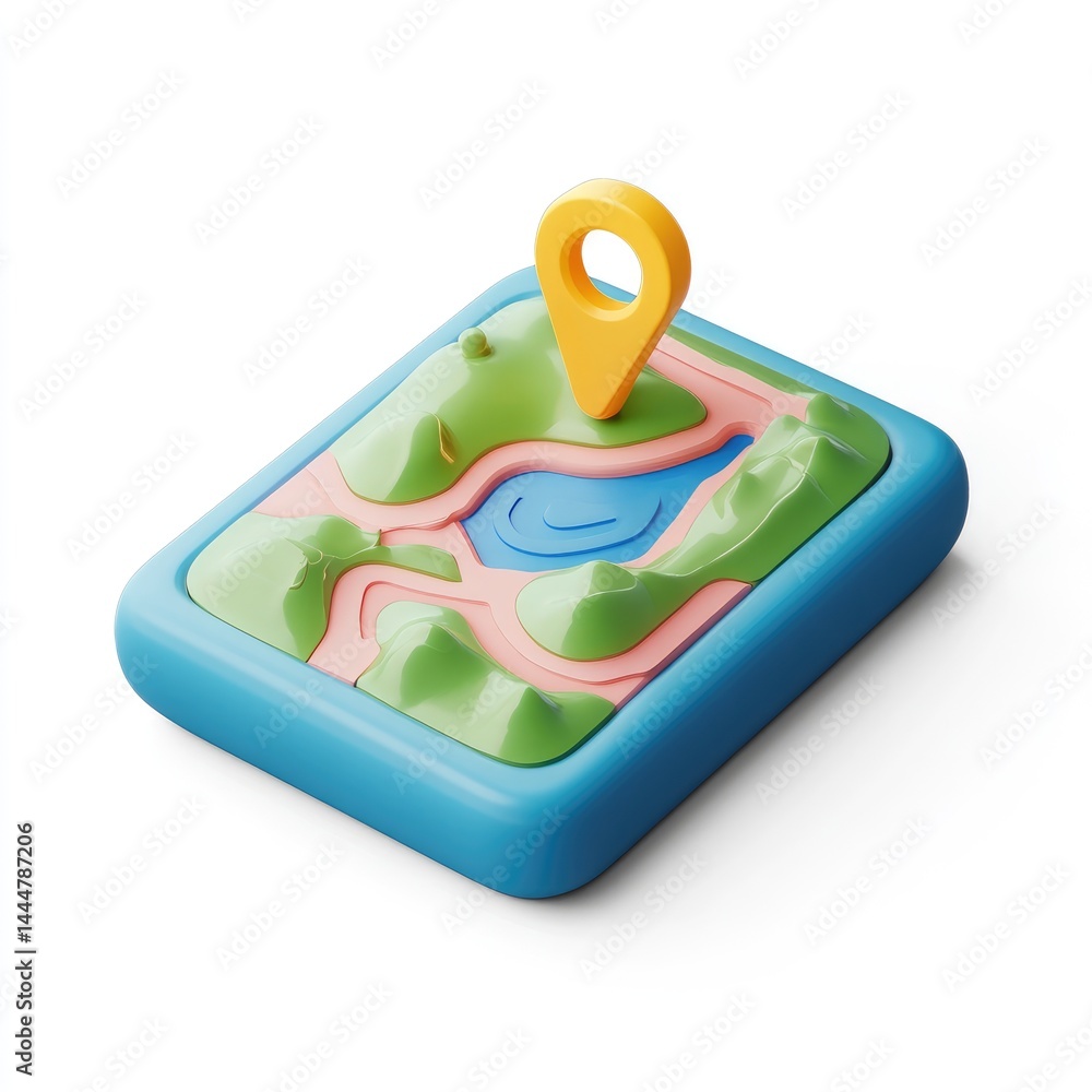 Elevated, colorful map icon with a directional pin.